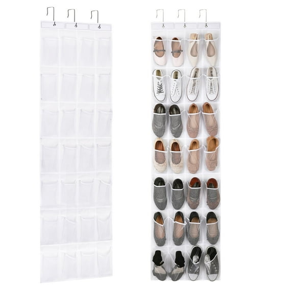 LUIISIS 28 Large Pockets Over The Door Shoe Organizer, Hanging Shoe Organizer for Closet, Premium Clear Shoe Rack for Door, Shoes Hanger Organizers Storage Holder for Back of Door and 3 Metal Hook