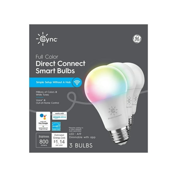 GE Cync LED 9W (60W) Smart Home Direct Connect Full Color A19 Smart Bulbs (3 Ct)