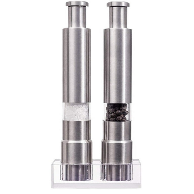 Stainless Steel Refillable Spice Grinder Mill for Salt, Pepper, and Seasoning - Thumb Operated Push Button for One Hand Grinding, Silver