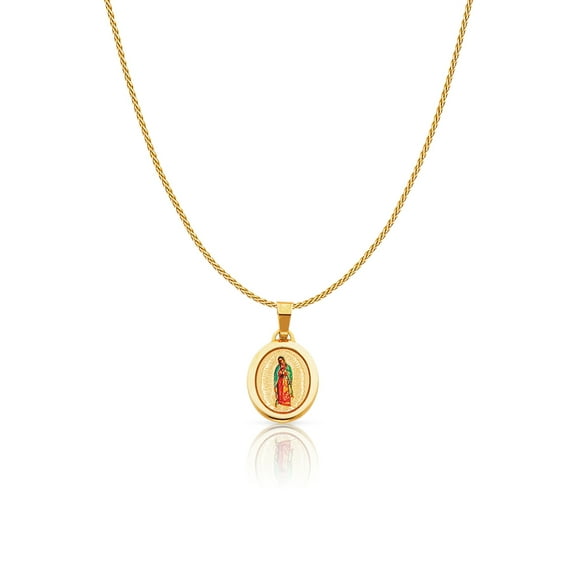 Ioka-14K Yellow Solid Gold Our Lady of Guadalupe Enamel Picture Charm Pendant with 0.9mm Wheat Chain Necklace - 16"