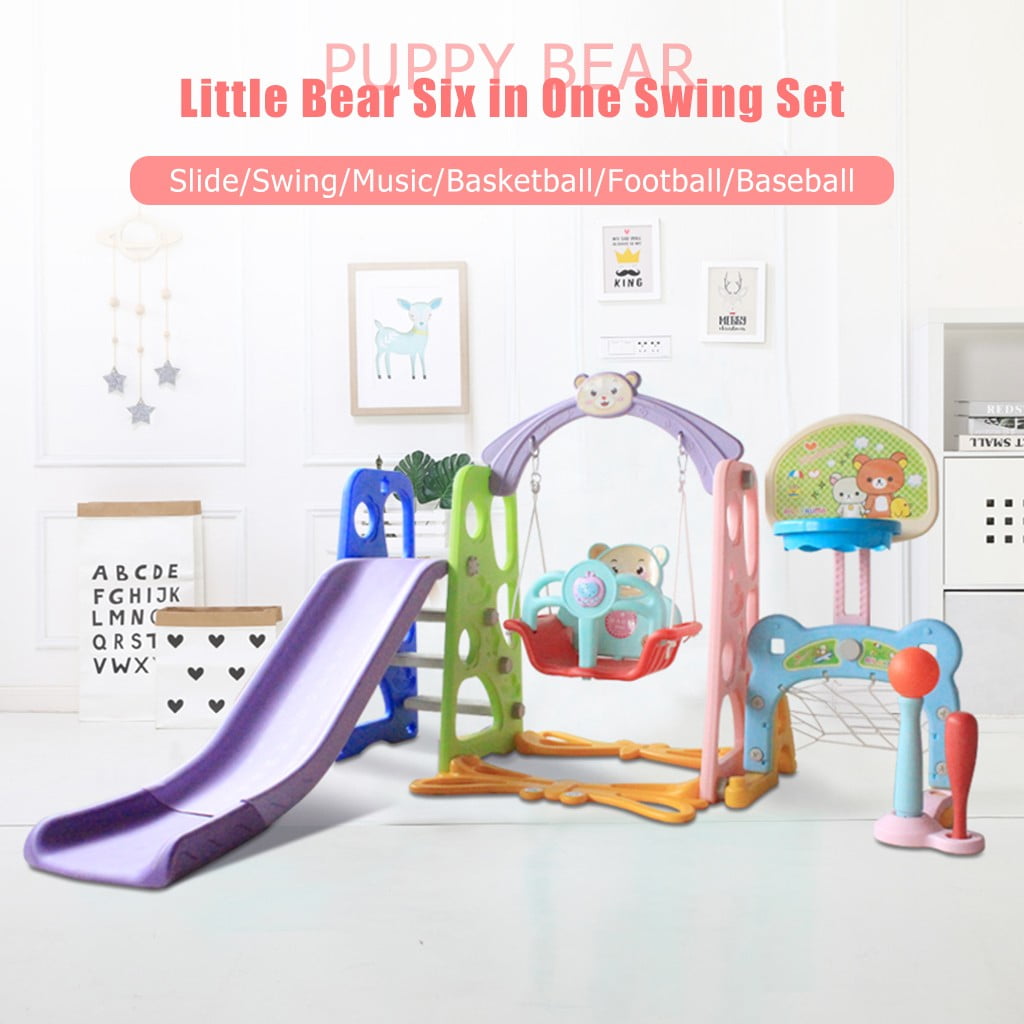 【Clearance】 6 in 1 Toddler Slide Swing Set Climber Slide Playset for Indoor /& Outdoor Kids Slide Swing Playset W//Basketball Hoop/& Music Player Football Gate Baseball Bat