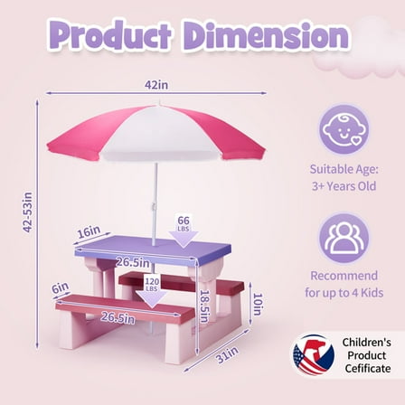 Kids Outdoor Picnic Table with Removable Sun Umbrella & 2 Built-In Benches - Children's Patio Furniture Set for Backyard