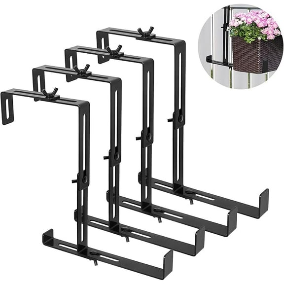4 Pcs Adjustable Window Box Brackets, Universal Steel Hanging No Drill Planter Flower Box Brackets for Deck, Window Sill, Balcony, Fences, Patio