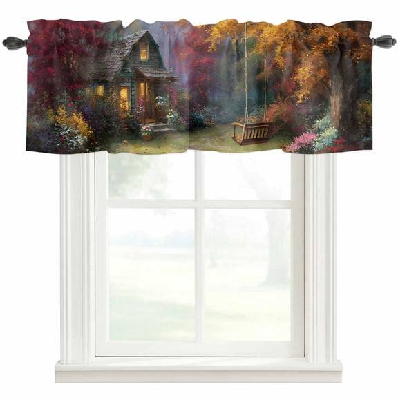 Country Forest Farmhouse Short Window Curtain Valances, Fall Farmhouse Trees Cabin Nature Scenery Rod Pocket Kitchen Valances for Living Room Bedroom Bathroom Cafe 54" x 18"