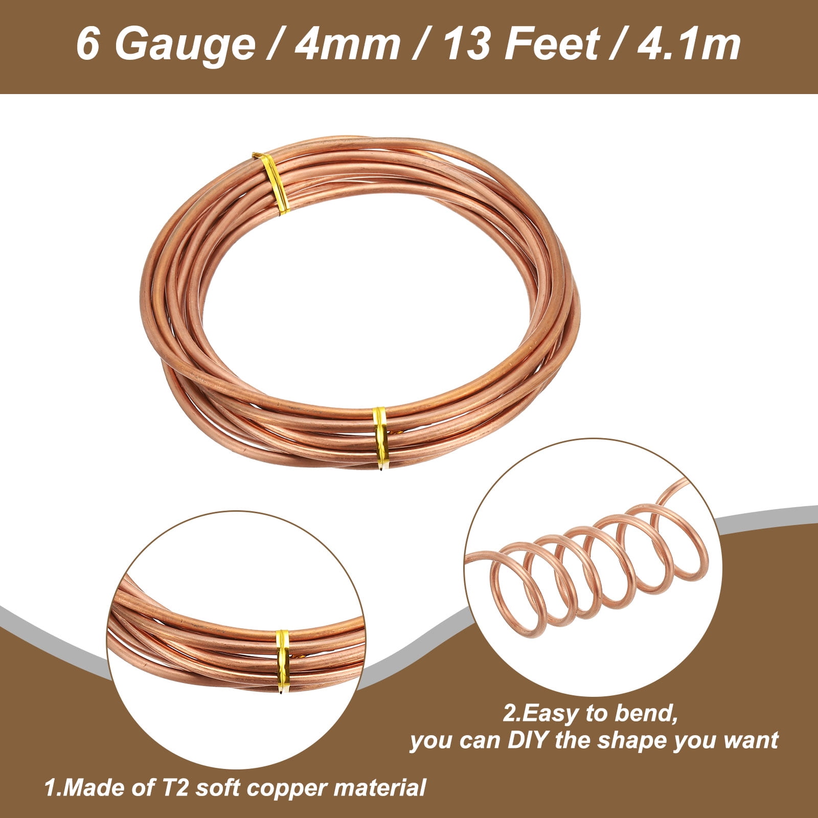 Uxcell 99.9% Soft Copper Wire 6 Gauge/4 mm Diameter 13 Feet/4.1 m 1 Pound 450 Copper Wire for Electric Gardening