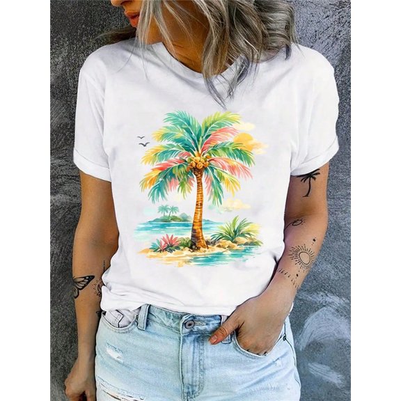 Women's Tropical Palm Tree Graphic T-Shirt Beach Sunset Island Print Casual Oversized Black Short Sleeve Summer Crew Neck Streetwear Tee