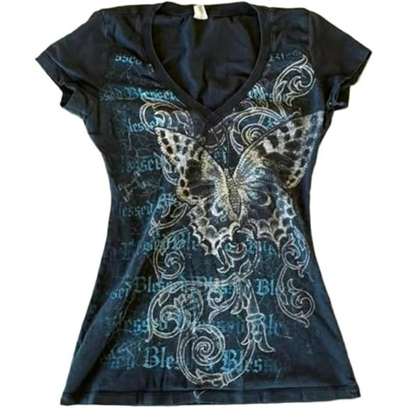 Luwomo Grunge Shirts Emo Clothes Teen Girls Vintage Graphic Tee Y2k 2000s Goth Top Women Mcbling Short Sleeve Streetwear,Black,L