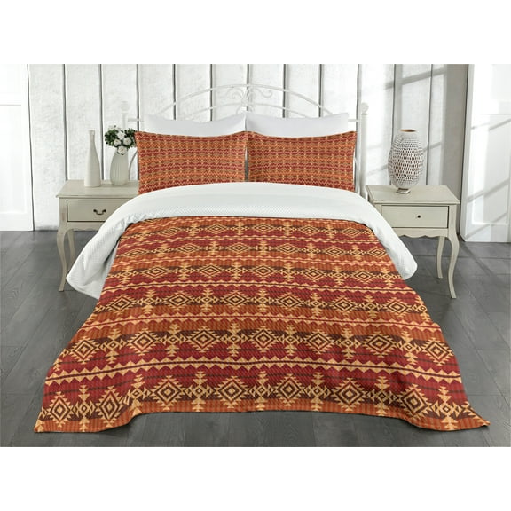 Ambesonne Mexican Quilted Bedspread Set 3 Pcs, Aztec Culture Ornament, Queen Size, Pale Orange Brown