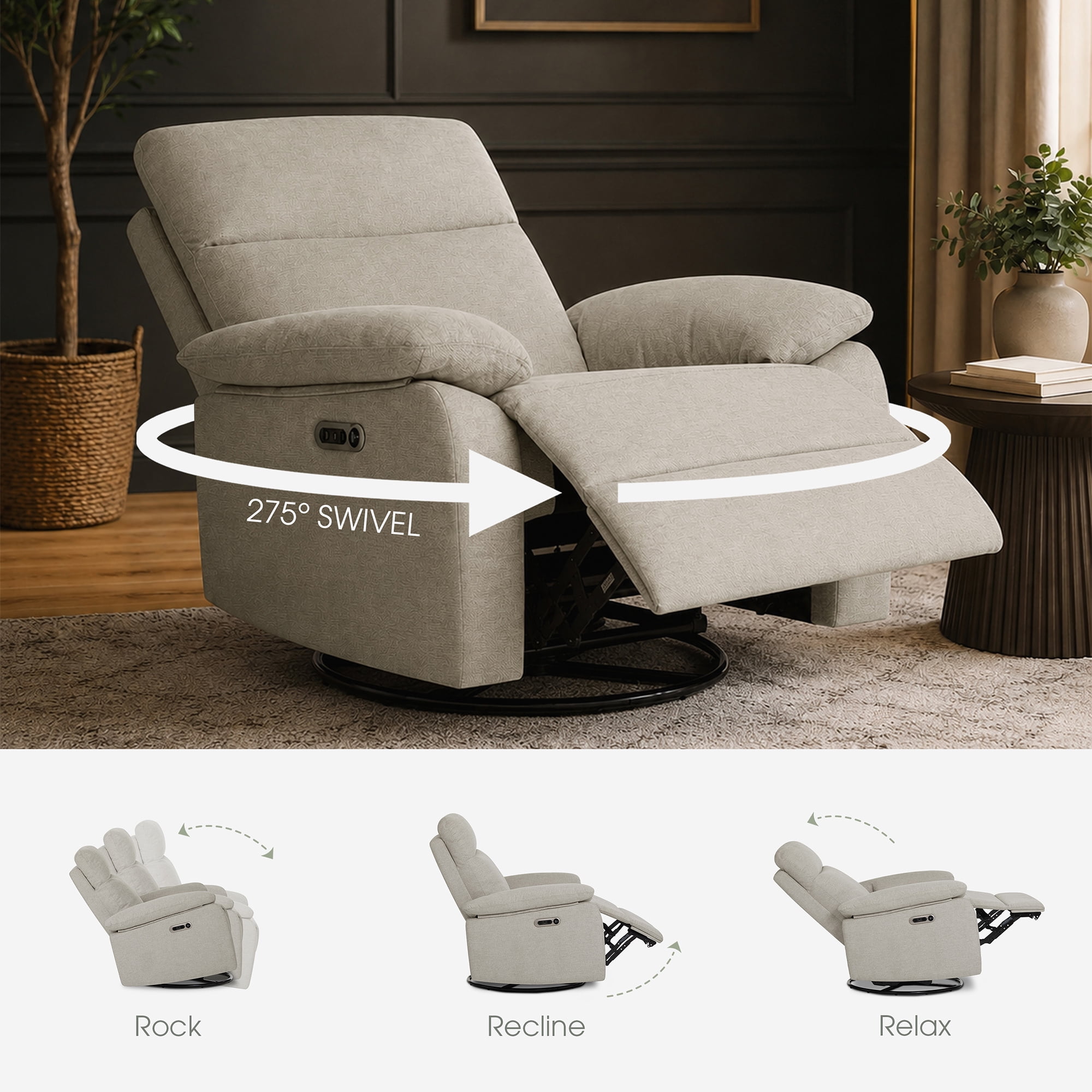 Evolur Asher Deluxe Power Recline Glider, Extra-Wide Nursery Recliner Chair with Adjustable Power Headrest, 275° Swivel, USB-A & USB-C Charging Ports, Ergonomic Lumbar Support, FSC Certified, Beige