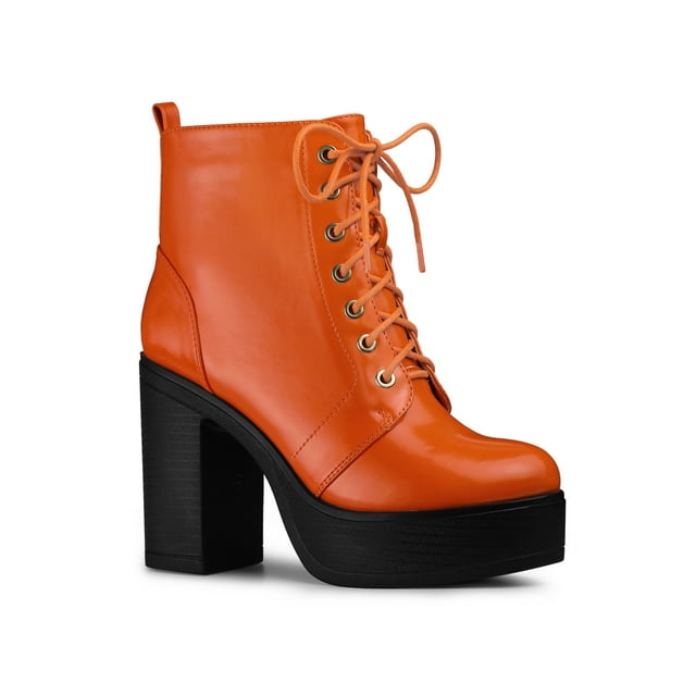Unique Bargains Bottes de Combat Western à Plateforme à Lacets à Talon Épais pour Femme Orange (Taille 6,5)