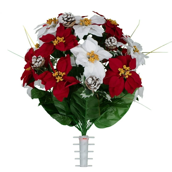 Sympathy Silks Artificial Cemetery Flowers Red and White Poinsettias with Frosted Pine Cones