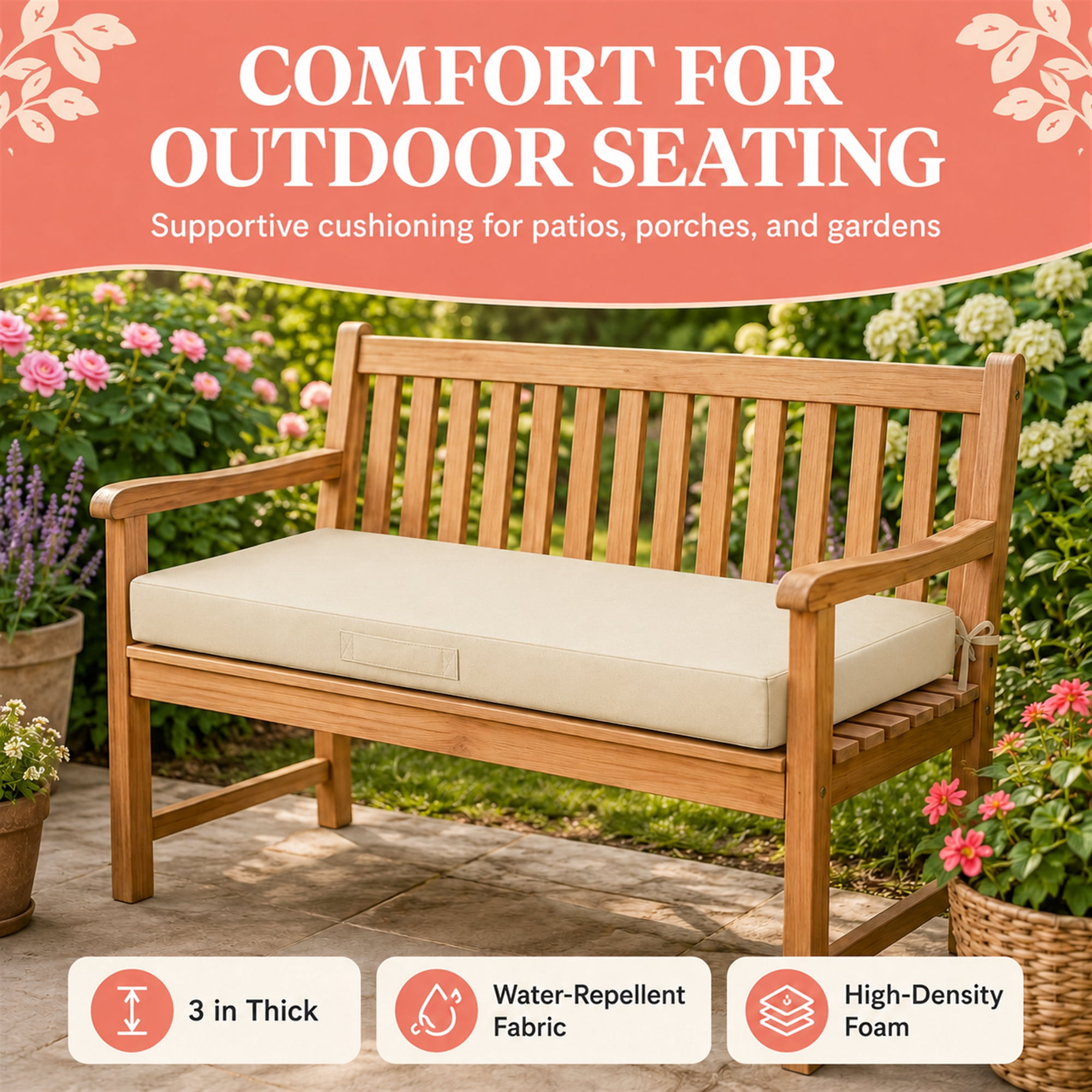 Millsilo 45" x 18" x 3" Outdoor Bench Cushion with Removable Cover, Water-Repellent UV Fade-Resistant Patio Cushion, High-Density Foam, Non-Slip Ties, Beige