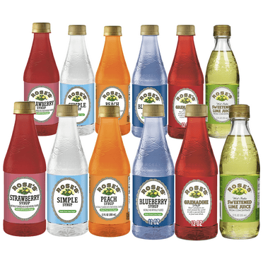 Rose’s Fruit Syrup Juice Mixers Mix 12 Pack (12oz) – Includes Simple Syrup, Lime, Strawberry, Blueberry, Peach, and Grenadine – Premium Cocktail and Beverage Mixers