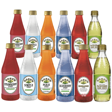 Rose’s Fruit Syrup Juice Mixers Mix 12 Pack (12oz) – Includes Simple Syrup, Lime, Strawberry, Blueberry, Peach, and Grenadine – Premium Cocktail and Beverage Mixers