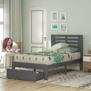 MASBEKTE Wood Twin Size Platform Bed with Headboard and Drawer, Gray