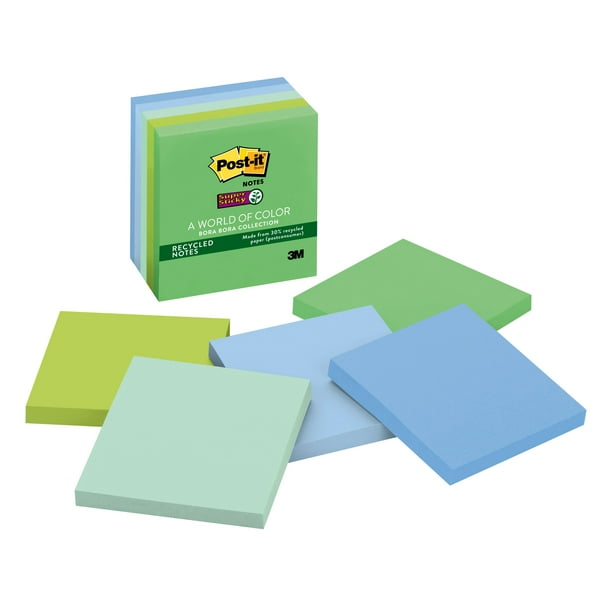 Postit Recycled Super Sticky Notes, 3" x 3", Blue/Green, 5 Pads