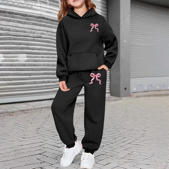 ZHOGXU Big Boys Girls Outfits 2 Piece Long Sleeve Bow Print Pocket Hoodies And Joggers Fashion Comfortable Sets For Casual Wear And Outdoor Activities Black 2-3 Years