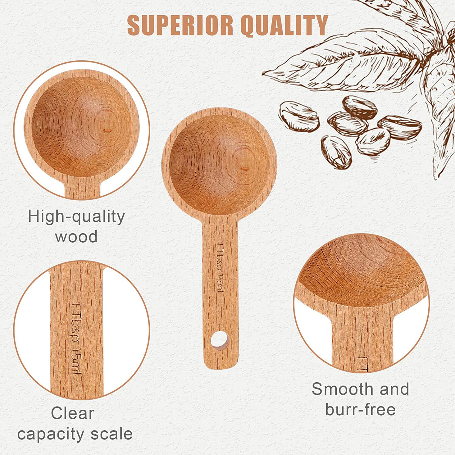 ShenMo 4pcs 15ml cuillère à mesurer en bois hêtre café moulu en bois  cuillère à mesurer 1 cuillère à soupe de grains de café moulus thé Home  accessoires cuisine
