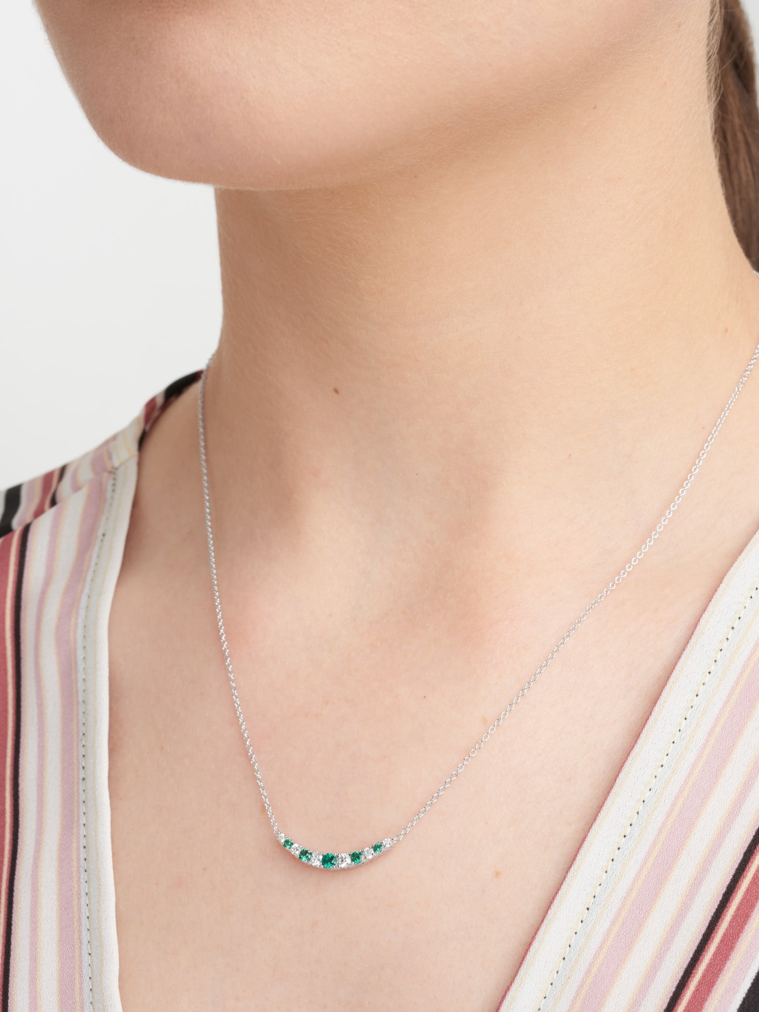 Forever Facets Jewelry Platinum Over Sterling Silver Created Emerald and 1/5th Carat Total Weight Lab Grown Diamond Curved Bar Necklace, 18 Inch Cable Chain + 2 Inch Extender (H-I Color, I1 Clarity)