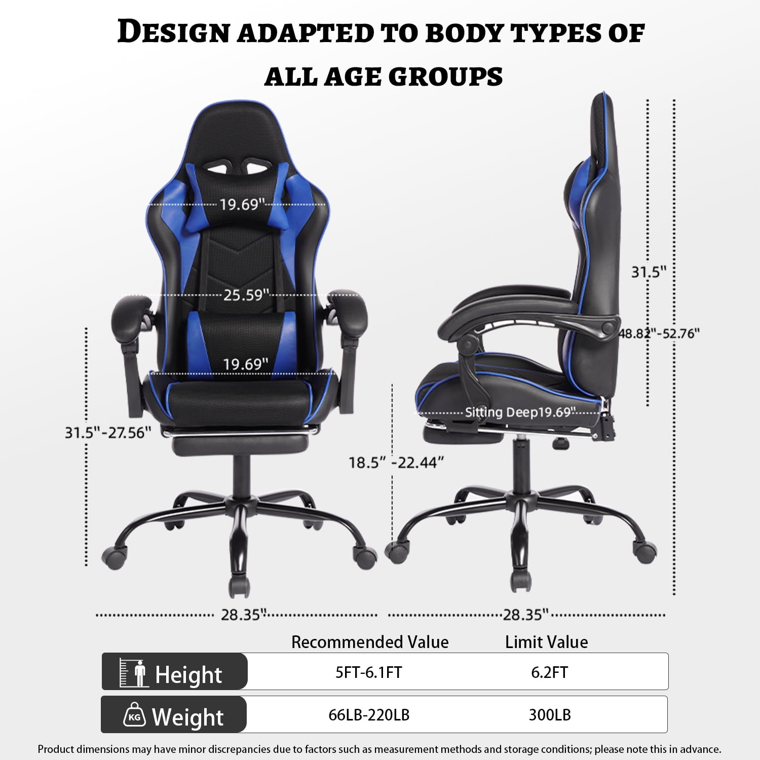 Mintazer Gaming Chairs with Footrest, Massage Leather Computer Game Chair with Headrest and Lumbar Support, E-Sports Chair for Adults Home Office, Black & Blue