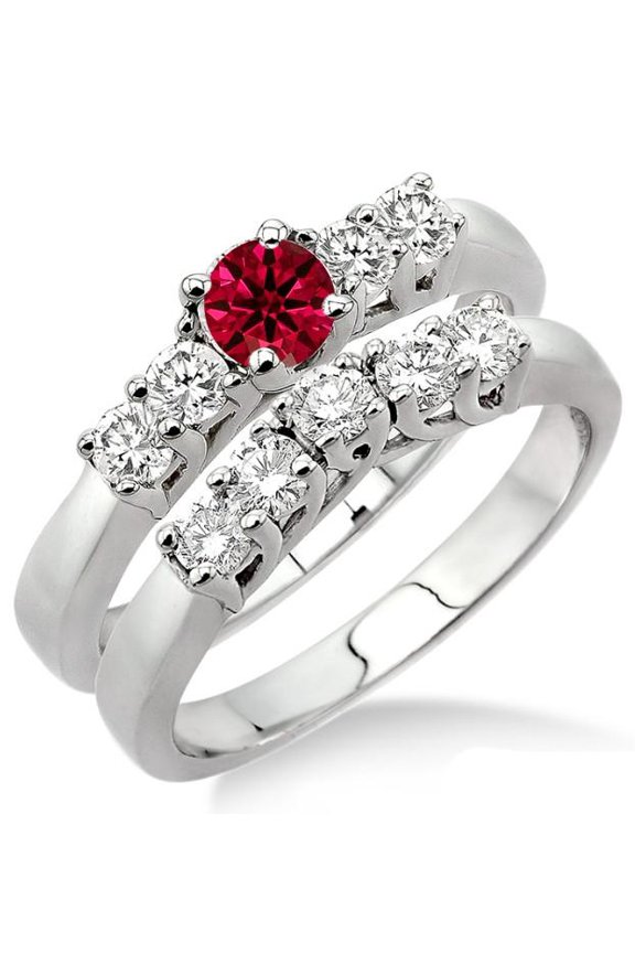2 Carat Red Ruby Five Stone Moissanite Diamond Bridal Set on 10k White Gold