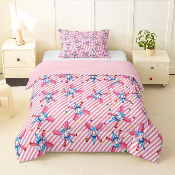 Manfei Cute Baseball Games Twin Comforter Sets,Sport Themd Bedding Set For Girls,Pink Blue,Pink Reversible,2 Pieces,1 Comforter and 1 Pillowcase