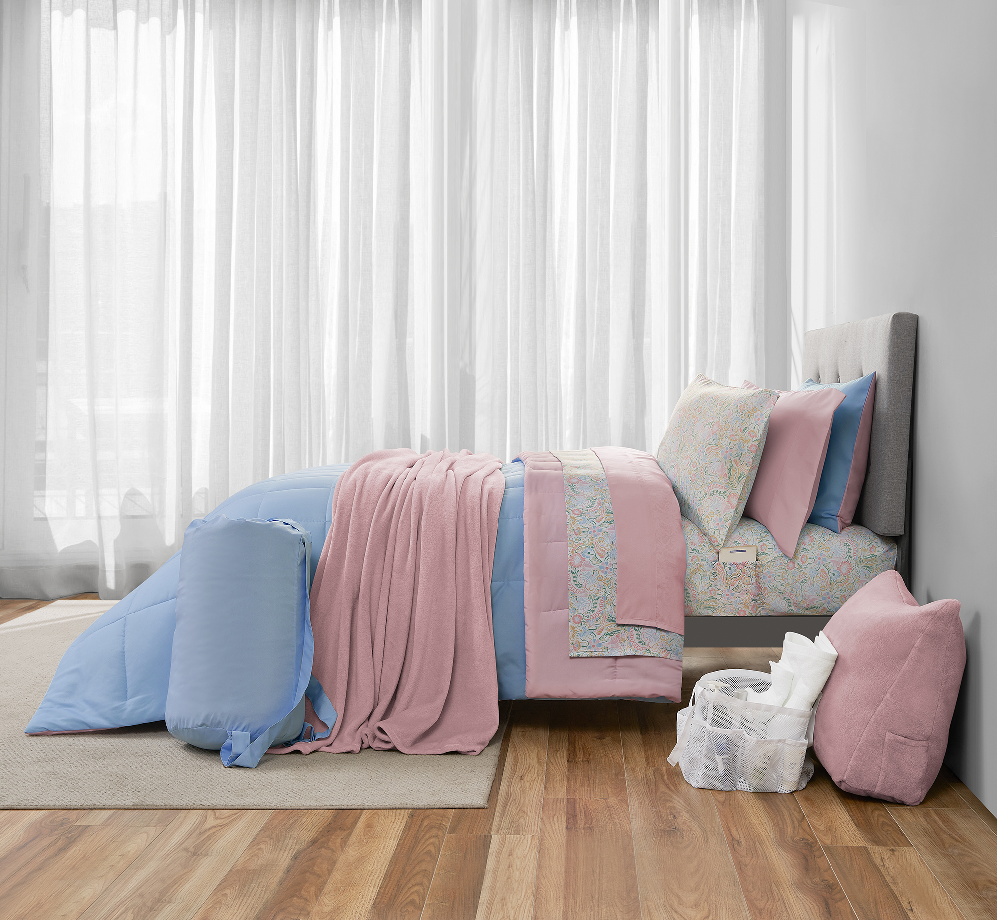 14pc College Dorm Essentials Bundle, Twin-XL, Reversible Bed in a Bag Comforter Set, Light Blue and Pink