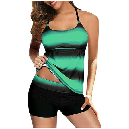 

Finelylove Two Piece Swimsuit For Women Tummy Concealing Sport Bra Style High Waist Green XXL