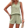 thumbnail image 4 of Women'S Summer Sleeveless Button Linen Vest Shorts Set Casual Matching Outfits Light Green S, 4 of 9