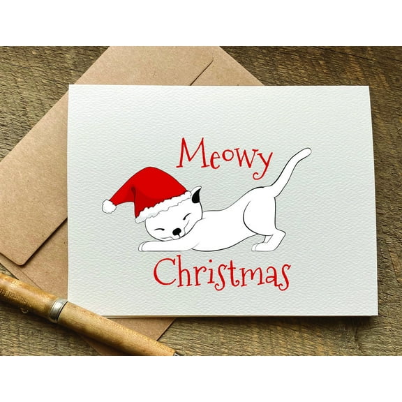 Meowy Christmas Card – Cute Cat with Santa Hat Design – Blank Inside, Envelope Included – Perfect Holiday Greeting for Cat Lovers and Friends