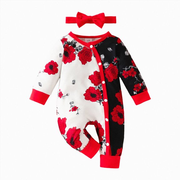 Xudanell Newborn Baby Girl Clothes Long Sleeve Romper Infant Fall Winter Outfits Floral Hat Jumpsuit Preemie Girl Clothes (6-9 Months, Wine)