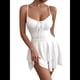 thumbnail image 3 of Vestido Mini de Fiesta Corto con Tirantes Finos y Lazo en la Espalda para Mujer, con Volantes Escalonados, Corte en A, y Ajustado. S, 3 of 9