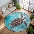 thumbnail image 3 of 8ft Round Rug, Coastal Sea Turtle Non-Skid Rubber Backing Large Area Rugs - Living Room Bedroom Home Office, Blue Nautical Summer Beach Vintage Indoor Floor Mat Carpets Washable Rug, 3 of 9
