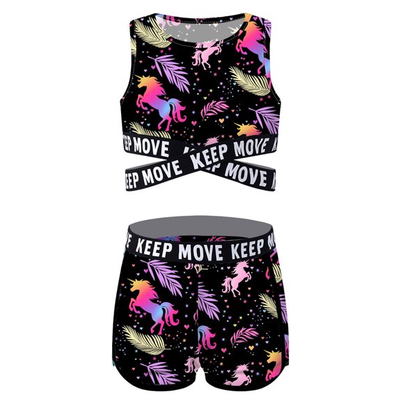 Yeahdor Girls 2Pcs Leaves Prints Rash Guard Juniors Cross Sash Tops with Shorts Swimsuit Black Leaf 10