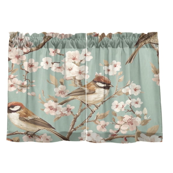 Birds and Flowers 27"x24" Linen Look Cafe Curtain Set with Privacy and UV Protection