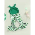 thumbnail image 3 of Toddler Girls Summer Outfit Sets Green Sleeveless Camisole + Four Leaf Clover Print Flared Pants, 3 of 9