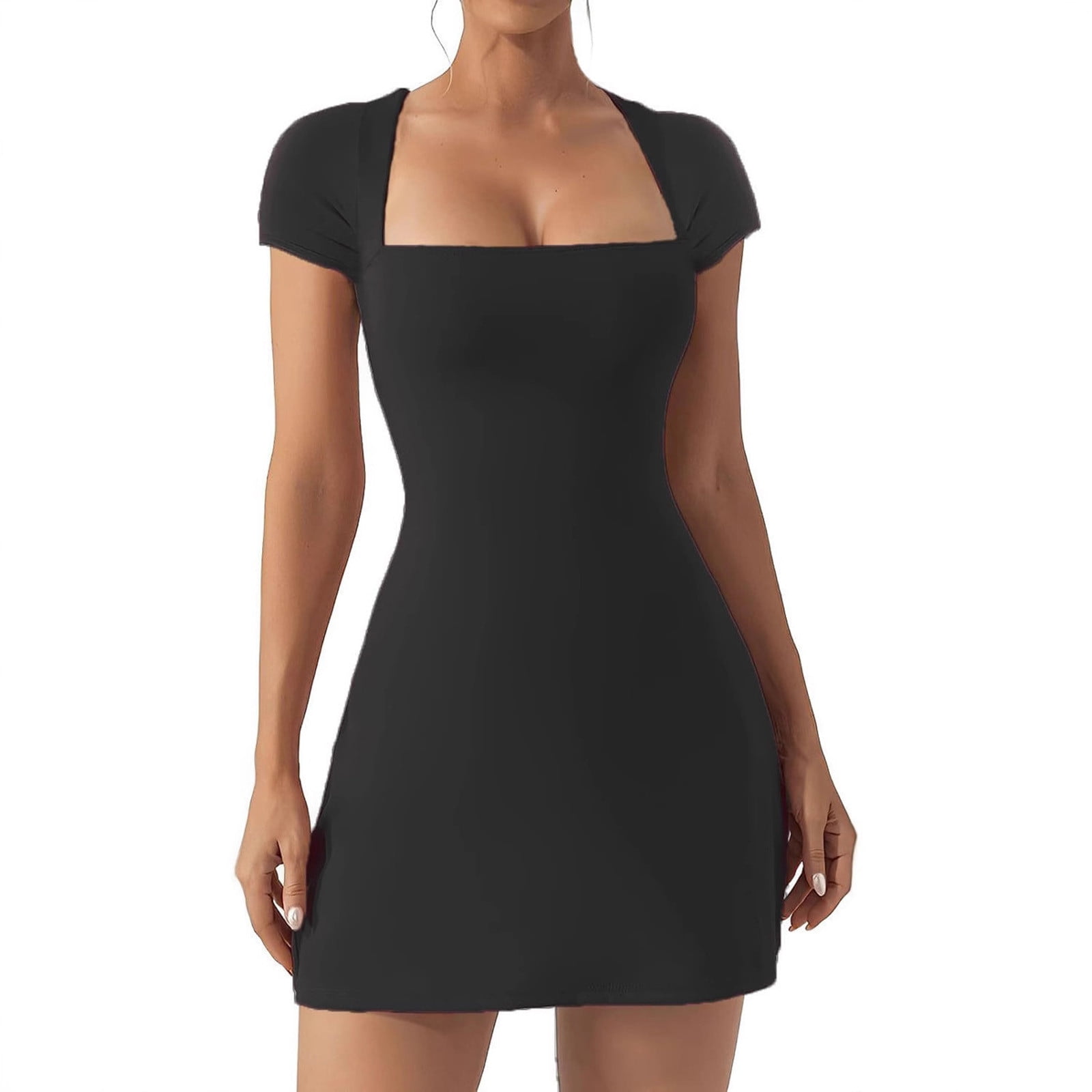 QATAINLAV Vacation Sales! Womens Tennis Dress with Built in Shorts and Bra Spaghetti Straps Athletic Golf Dresses Summer Side Slit Workout Mini Dresses Black S