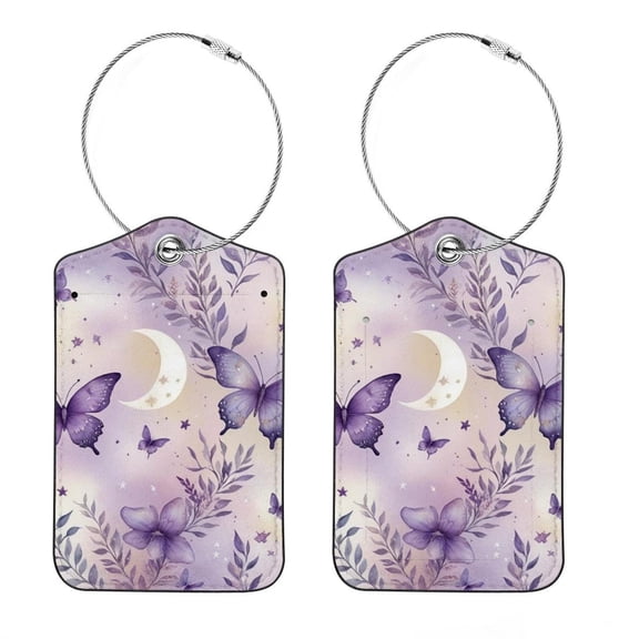 RATGON 2 Pack Luggage tag PU Leather with Stainless Steel Loop Purple Butterfly Moon Travel Trip