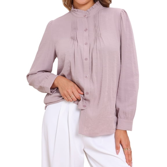 DARING DIVA Women's Long Sleeve Button Down Ruffled Collar Pleated Trim Top XS Grey Pink