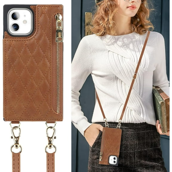 Crossbody Phone Case for iPhone 11 with Card Holder Slot,iPhone 11 Magnetic Purse Case with Lanyard Strap for Women Men,PU Leather Zipper Lattice Pattern Travel Case 6.1 Inch (Brown)