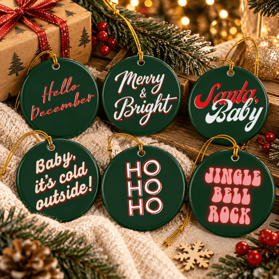 Golden Keeps Retro Christmas Sayings Ceramic Ornaments, Set of 6, Green