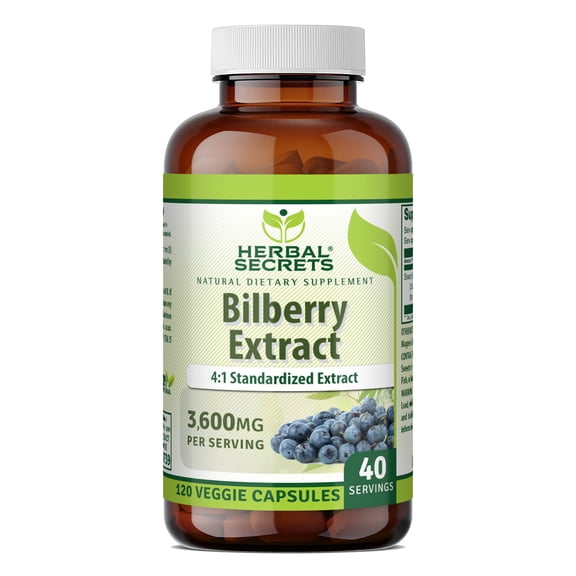 Herbal Secrets Bilberry Extract 3600 Mg Per Serving 120 Veggie Capsules Supplement | Vaccinium myrtillus (fruit) | Non-GMO | Gluten Free