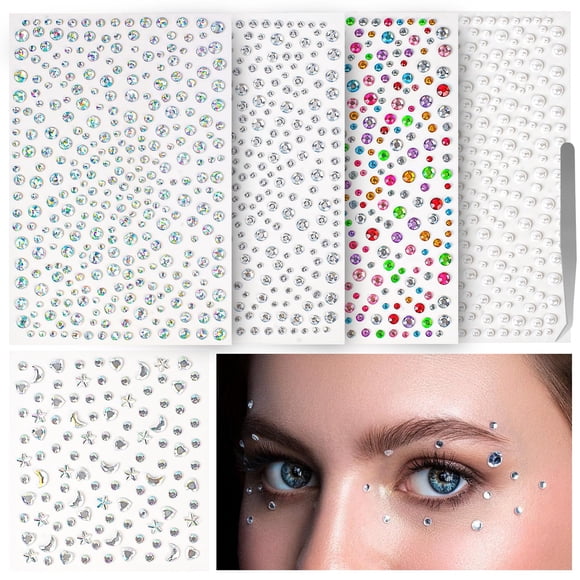 vivinin 1465P Face Gems Gemas autoadhesivas para el cabello, 5 tipos diferentes de diamantes de imitación para la cara, gemas para la cara, ojos, cuerpo, cabello, maquillaje, decoraciones para festiva