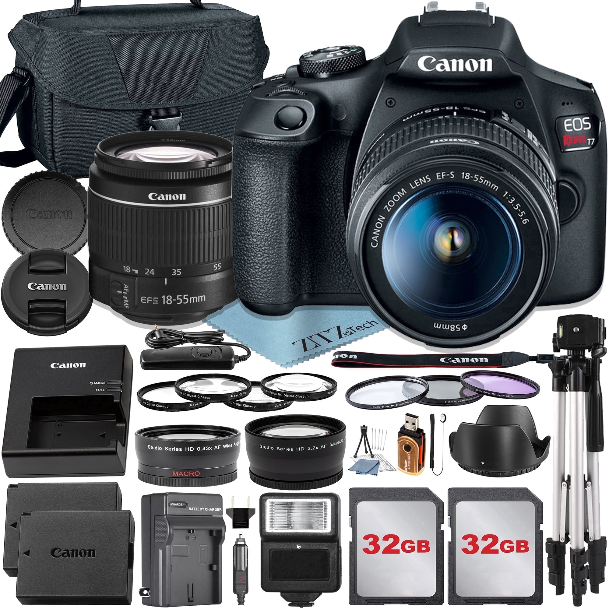 Canon EOS Rebel T7 DSLR Camera with EF-S 18-55mm Zoom Lens + 2 pcs 32GB Memory Card + Case + Tripod + ZeeTech Accessory Bundle (International Version)