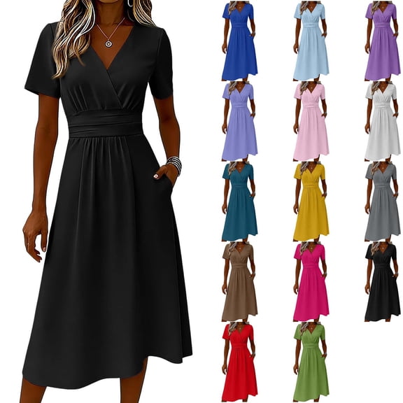 DYTTDG Women's V-Neck Wrap Waist Midi Dress | Short Sleeve Solid Color Casual A-Line Dress with Pockets, Summer Flowy Dress