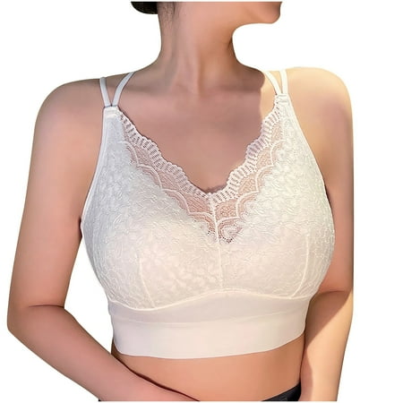 Yyeselk Lace Bra for Women Wirefree Crisscross Back Bra Push Up Bra Full Coverage Bra Lift Up Breathable Bra White L