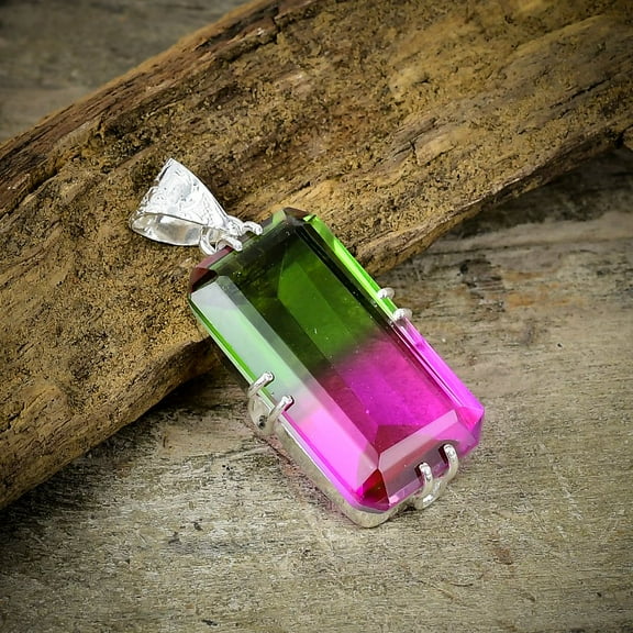 Bi-Color Tourmaline Gemstone 925 Sterling Silver Jewelry Pendant 1.77"