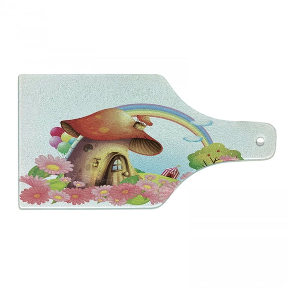 Mushroom Cutting Board, Little Shroom House in Garden of Flowers Rainbow Fruit Trees Circus Tent Balloons, Tempered Glass Cutting and Serving Board, Wine Bottle Shape, Multicolor, by Ambesonne