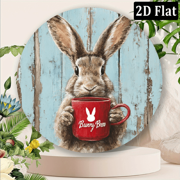 1pc Rustic Vintage Farmhouse Bunny with Red Coffee Mug Metal Wall Sign - Round Hanging Decor Suitable for coffee.8*8 in
