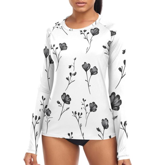 joogoo Womens UPF 50  Rash Guard Line Flowers Long Sleeve UV Protection Sun Shirts Tops S